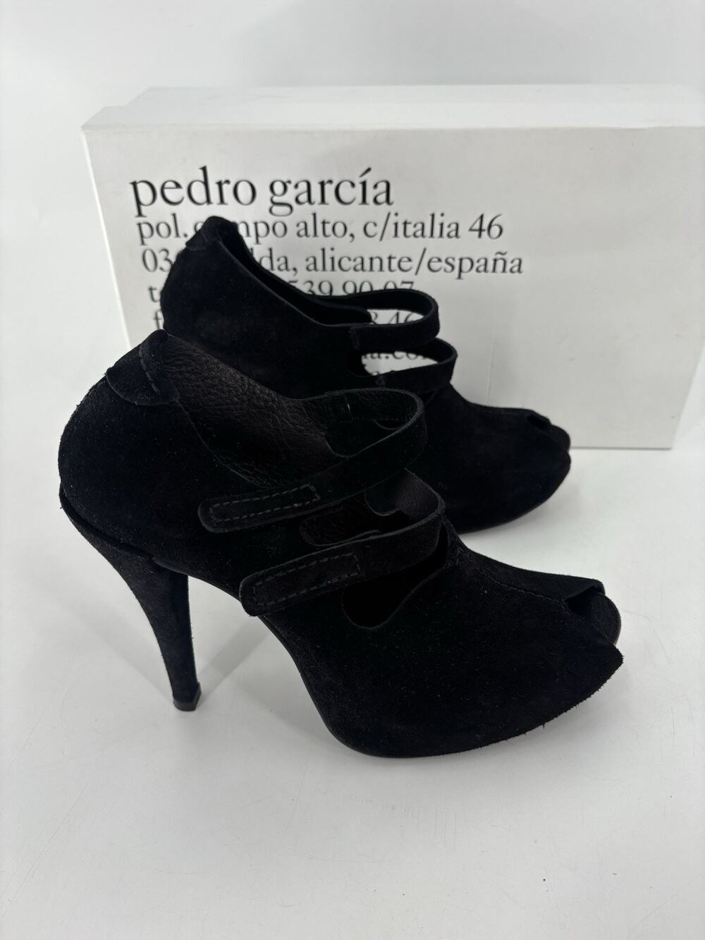 Pedro Garcia Rachel Pumps 38.5 Black Suede Peep Toe Stiletto Mary Janes Strappy